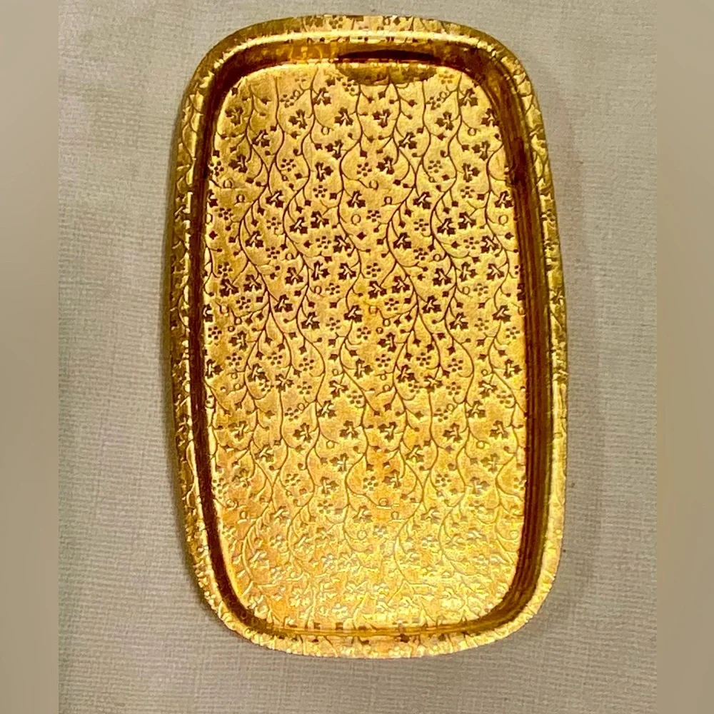 Vintage Gold Metal Rectangular Mini Tray with delicate leaf pattern.